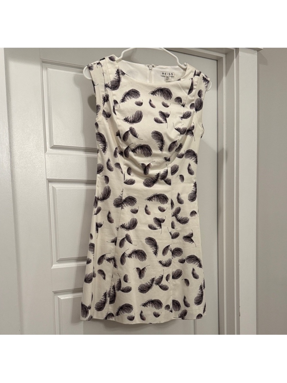 Reiss Cream Dress with Black Feather Print